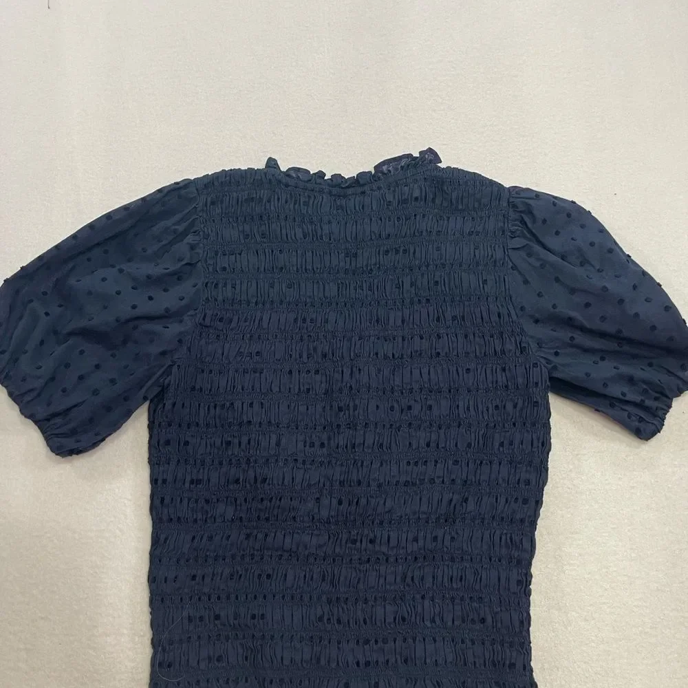 J.Crew Smocked Navy Swiss Dot Puff Sleeve Blouse XS Boho Top